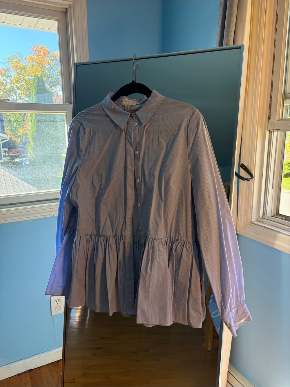 Cotton Button-Up Peplum Shirt - Light Blue